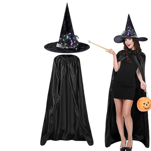 Halloween Hexen Cape,Halloween Kostüm Cape, Hexenumhang Capes Set, Halloween-Kostüme, schwarzes Umhang-Set mit leuchtendem Hexenhut für Erwachsene für Kostüm-Rollenspiele, Halloween-Fotos, Maskerade-B von Toseky