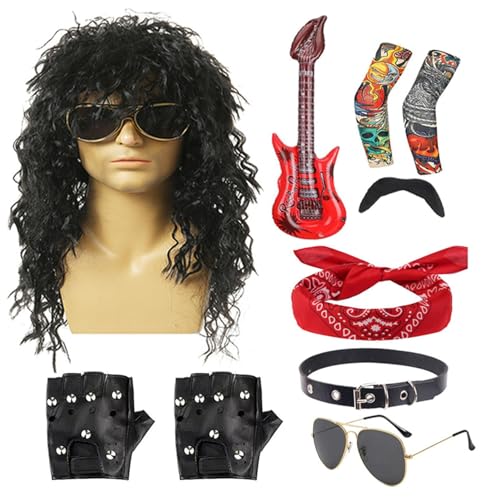 Toseky 80er-Rocker-Kostüme für Herren,80er-Rocker-Kostüm,10 Stück Rocker-Perücke mit Bandana-Sonnenbrille | Punk-Partyzubehör, inklusive Perücke, Stirnband, Kragen, Sonnenbrille, Handschuhen, Ärmeln von Toseky