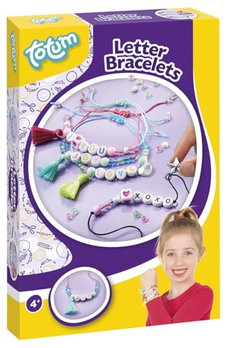 Totum 029781 Armbänder selber basteln-Schmuckbastelset für Kinder, Set aus verschiedenen Bändern und Perlen mit Buchstaben und Anderen Formen, Mehrfarbig von Totum