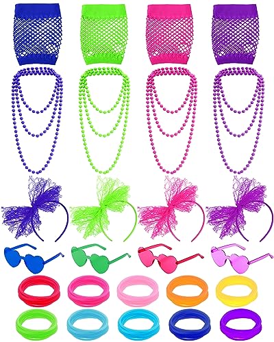 Toulite 20 Stück 80er Jahre Kostüm Zubehör Set für Frauen beinhaltet 4 Spitze Stirnband 4 Fischnetz Handschuhe 4 Halskette 4 Neon Armband 4 Herz Sonnenbrille für Halloween Frauen Mädchen 80er Jahre Motto Retro Party von Toulite