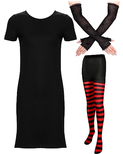 Toulite Halloween Damen Vampir Kostüm beinhaltet schwarzes Kleid, rot gestreifte Leggings und Armhandschuhe für Cosplay Party (2XL) von Toulite