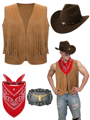 Toulite Western-Outfits für Herren, Cowboy-Quaste, Weste, Hut, Gürtelschnalle, Paisleymuster, Bandana für Halloween, Cosplay (Braun, Kaffee, Rot, XX-Large) von Toulite