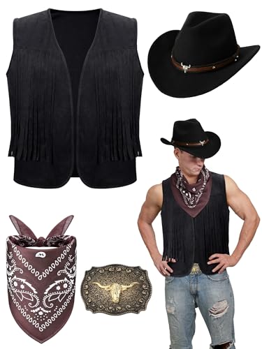 Toulite Western-Outfits für Herren, Cowboy-Quaste, Weste, Hut, Gürtelschnalle, Paisleymuster, Bandana für Halloween, Cosplay (Schwarz, Kaffee, Größe S) von Toulite