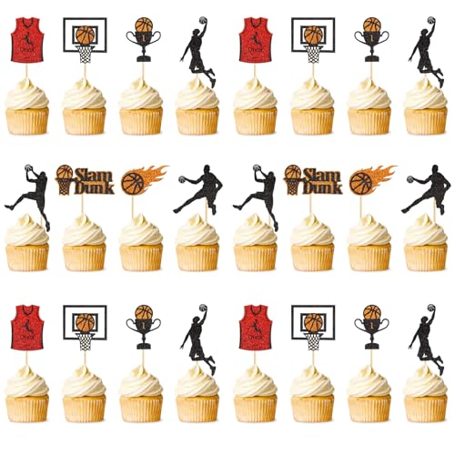 24 Stück Tortendeko Basketball,Geburtstag Basketball Cupcake Toppers Glitter Basketball Kuchen Topper Ball Schuss Cake Topper,Basketball Tortenaufleger für Tischdekoration von Tovbmup