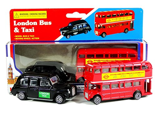 Diecast London Bus und London Taxi Zusammenstellung (Mini) Souvenir Original - Bewegungsrad Aktion - Besichtigung - einsteigen aussteigen - Spielzeug - 5 Passagier Kabine - Hackney Cab - London Souvenir von ToyCentre