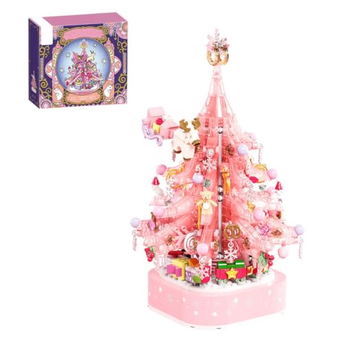 ToyGhillied Kristall Weihnachtsbaum Spieluhr Baukasten mit Licht, 675 Teile MOC DIY Montage Rosa Spieldose Steine Set, Musikbox Dekoration für 2024 Weihnachten von ToyGhillied