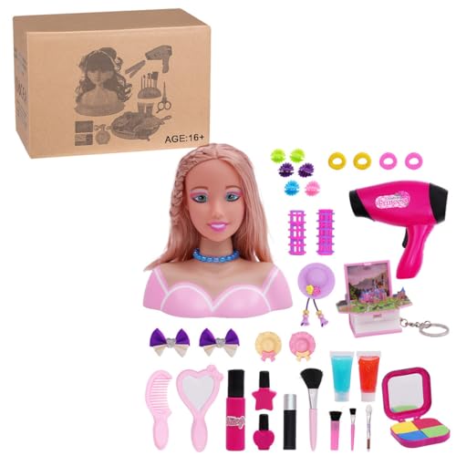 ToyGhillied Schminkkopf Puppe Frisierkopf Kinder, 33 Stück Puppenkopf mit Haarzubehör, Haartrockner, Make-up, zum Stylen, Blond Puppe Frisur Spielzeug für Kinder Mädchen von ToyGhillied