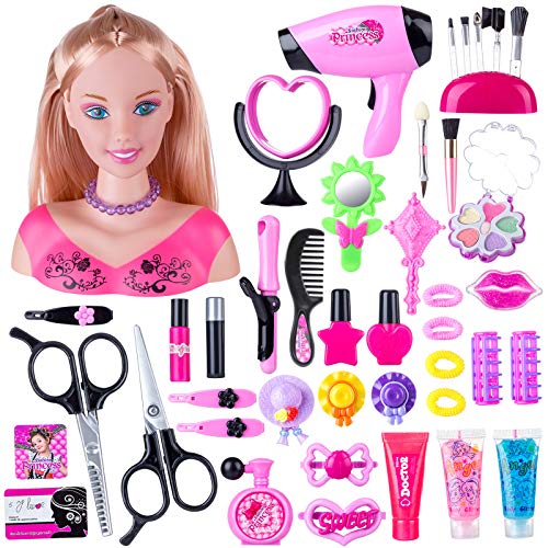 ToyGhillied Schminkkopf Puppe Frisierkopf Kinder, 44 Stück Puppenkopf mit Haarzubehör, Haartrockner, Make-up, zum Stylen, Blond Puppe Frisur Spielzeug für Kinder Mädchen von ToyGhillied