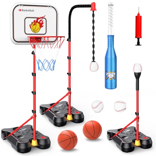 Toycost 4-in-1 Kinder-Basketballkorb und T-Ball-Set, Basketballkorb, hängendes T-Shirt, Baseball, Sport & Outdoor, Indoor von Toycost