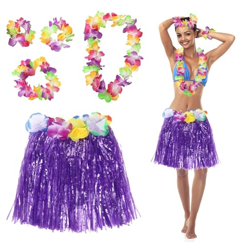 5 Stück Hawaiian Grass Hula Rock Sets, Hawaiian Hula Tropical Dance Rock mit Blumen Girlanden Armband Stirnband Halskette Buntes Set, Tropische Luau Party Dekorationen, für Strand Party (Lila) von Toyhood