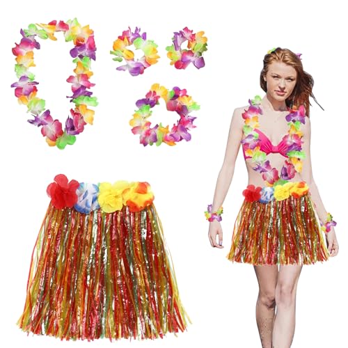 5 Stück Hawaiian Grass Hula Rock Sets, Hawaiian Hula Tropical Dance Rock mit Blumen Girlanden Armband Stirnband Halskette Buntes Set, Tropische Luau Party Dekorationen, für Strand Party (Multi) von Toyhood
