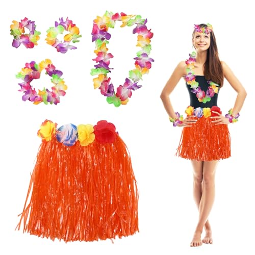 5 Stück Hawaiian Grass Hula Rock Sets, Hawaiian Hula Tropical Dance Rock mit Blumen Girlanden Armband Stirnband Halskette Buntes Set, Tropische Luau Party Dekorationen, für Strand Party (Orange) von Toyhood