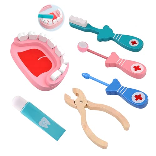 Hölzerne Ärzte Kit, Arzt Rolle Spielen Set für Kinder 6 Stück Pretend Play hölzerne Zahnarzt Rolle Spielen Spielzeug Medical Kit Educational Doctor Set Spielzeug für Kinder Jungen Mädchen von Toyhood