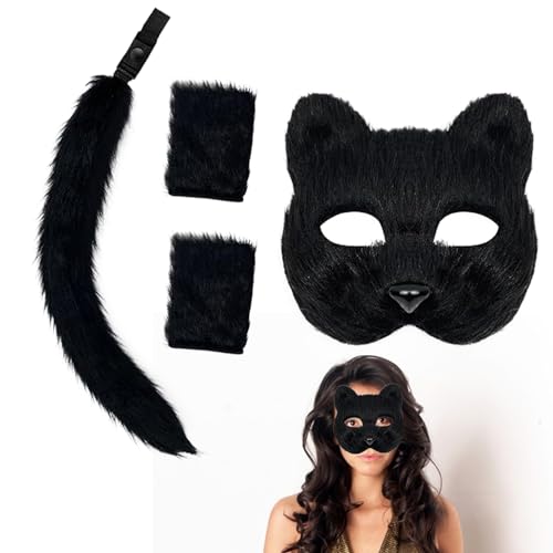 Toyhood Ttherian Mask Schwanz Handschuhe Set, Schwanz Katzenmaske & Langer Fuchsschwanz Halbes Gesicht Maskerade Maske Pelzige Katzenmaske für Halloween Karneval Cosplay Party Accessoire (Schwarz) von Toyhood