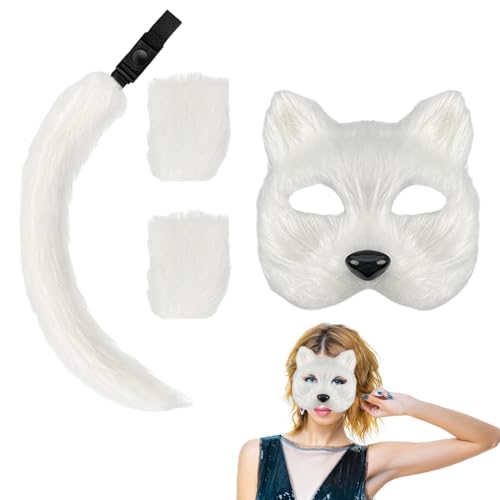 Toyhood Ttherian Mask Schwanz Handschuhe Set, Schwanz Katzenmaske & Langer Fuchsschwanz Halbes Gesicht Maskerade Maske Pelzige Katzenmaske für Halloween Karneval Cosplay Party Accessoire (Weiß) von Toyhood