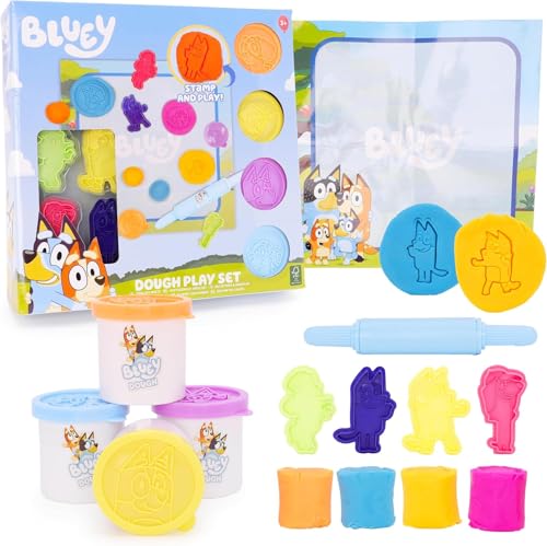 Toyland® 10-teiliges Bluey Dough-Aktivitätsset – 4 Teige, 1 Ausroller, 4 Stempel und 1 abwischbarer Spielschirm – Kunst- und Bastelspielzeug von Toyland