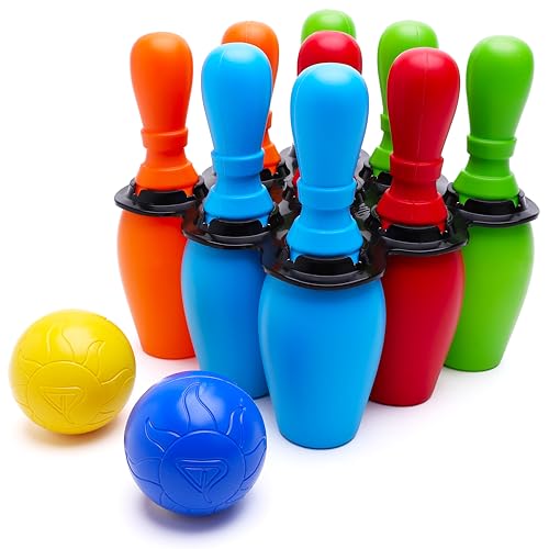 Toyland® 12-teiliges, farbenfrohes Bowling-Set für Kinder – 9 Kegel, 2 runde Bälle und 1 Halter – Spielzeug für drinnen und draußen – Spiele für den Familiengarten von Toyland