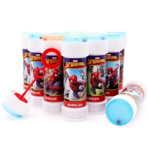 Toyland® 12er-Pack Seifenblasenbehälter „Spiderman“ mit Zauberstäben, 60 ml Lösung und originellem Labyrinthdeckel – Taschengeld und Partytütenspielzeug von Toyland