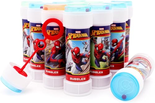 Toyland® 12er-Pack Spider-Man-Seifenblasen mit Zauberstäben, 60 ml Lösung und neuartigem Labyrinthdeckel – Taschengeld und Partytüten-Spielzeug von Toyland