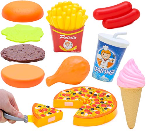 Toyland® 16-teiliges Fast-Food-Spielset - Enthält: 6 Stück Pizza, 1 auseinanderziehbarer Cheeseburger von Toyland