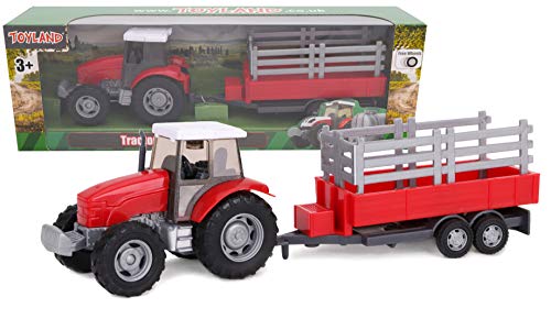 Toyland® - Landwirtschaftstraktor und 22,5 cm Regentonne/Anhänger, Freilauf-Action, landwirtschaftliches Spielzeug für Jungen (Roter Anhänger) von Toyland