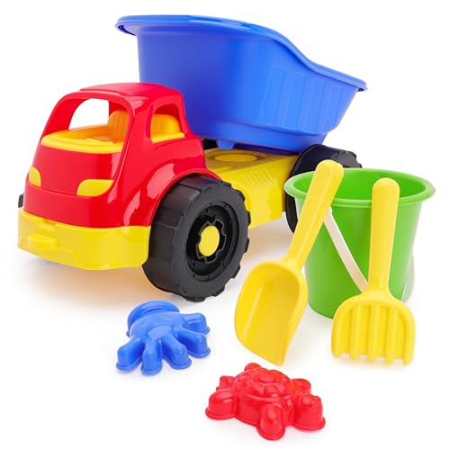 Toyland® 33 cm (13 Zoll) Kipplaster-Fahrzeug & 5-teiliges Set mit Eimer & Schaufel – Sand-, Wasser- & Strandspielzeug – Gartenspielzeug – Ab 18 Monaten von Toyland