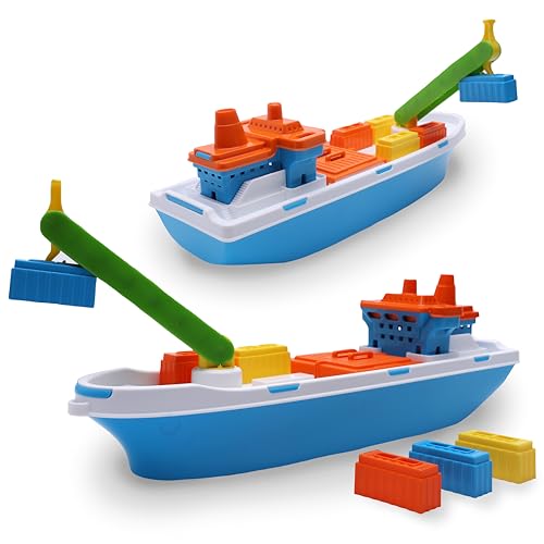 Toyland® 41cm (16") buntes Frachtschiff mit beweglichen Türen, Kran und 6 Kunststoffbehältern – schwimmendes Wasserspielzeug für Kinder – Pool- und Badespielzeug – ab 3 Jahren von Toyland