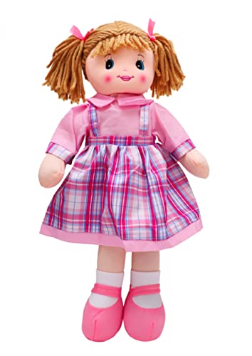 Toyland® 50 cm kuscheliges Ragdoll-Mädchen-Plüschtier – rosa & blau Kariertes Kleid mit rosa Hemdkragen von Toyland