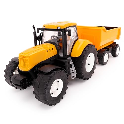 Toyland® 60 cm (24 Zoll) gelber Traktor und Anhänger mit zu öffnenden Türen und anhebbarem Anhänger – Maßstab 1:16 – Spielzeug-Landwirtschaftsfahrzeuge von Toyland