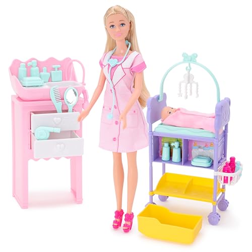 Toyland® Arzt & Baby-Spielset – 1 Puppe, 1 Baby, 1 Badestation, 1 Wickeltisch und 15 Zubehörteile enthalten – Mädchenspielzeug von Toyland