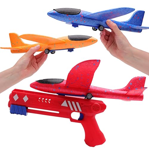 Toyland® Flugzeug-Startspielzeug - 1 Katapultkanone mit 3 Gleitflugzeugen aus Schaumstoff - Gartenspielzeug für draußen - Flugspielzeug von Toyland