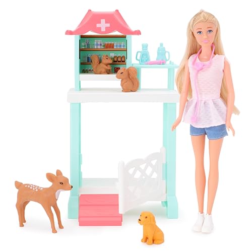 Toyland® Haustier- und Tierarzt-Spielset – 1 Puppe, 1 Tierarztstation, 1 Hund, 2 Eichhörnchen, 1 Hirsch und 4 Zubehörteile enthalten – Mädchenspielzeug von Toyland