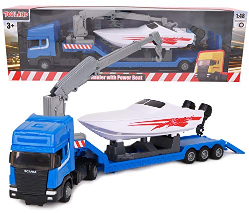 Toyland® Scania Pritschenschlepper Transporter mit Motorboot - Maßstab 1:48 - Freilauf (Blauer LKW) von Toyland