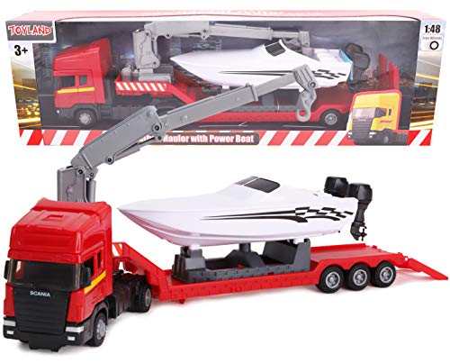 Toyland® Scania Pritschenschlepper Transporter mit Motorboot - Maßstab 1:48 - Freilauf (Roter LKW) von Toyland