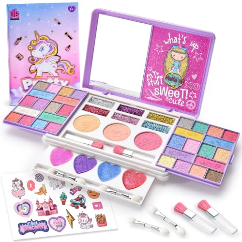 Toylink Faltbar Schminkkoffer Mädchen Kinderschminke Waschbar Einhorn Make Up Schminkset mit Lidschatten Lipgloss Rouge Glitzer Kosmetikkoffer Rollenspiel Spielzeug Geschenke Mädchen 6 7 8 9 10 Jahre von Toylink