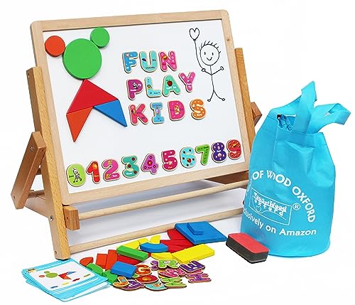 Holz Staffelei Kreidetafel Magnettafel für Kinder- mit Magneten Formen Buchstaben Zahlen Stift und Papierrolle - Aufbewahrungssäckchen inklusive - Klappbar und einfach zu verstauen von Toys of Wood Oxford