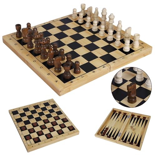 TOWO Holz 3-in-1 Schachbrett, Schachspiel, Dame-Spiel, Backgammon-Set - Klassische Holzspiele für Kinder, Erwachsene, Familienspiele, Reisespiele, tragbar, langlebig von Toys of Wood Oxford