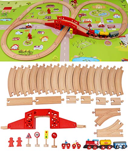 TOWO Holzeisenbahnset mit Stadtplan- Shinington-Eisenbahngleisbau Bauspielzeug für 3 Jahre alte Kinder Jungen Jungen Mädchen-Fahrzeuge Transport Holzspielzeug Geschenk für Kleinkinder 3 4 5 Jahre alt von Toys of Wood Oxford
