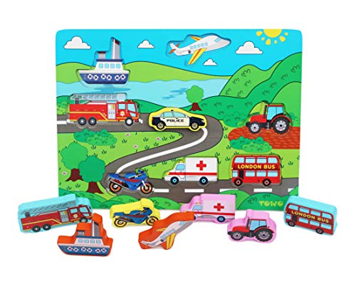 Towo Holz-Transport-Puzzlebrett – Holz-Fahrzeug-Puzzle-Einsatz, klobige Größe – Holzspielzeug-Puzzle für 18 Monate Kleinkind, Baby, erstes Puzzle von Toys of Wood Oxford