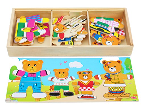 Holzpuzzle und Steckspiel - Ankleiden der Bären Familie - 72-teiliges Spielzeug in Einer Holzkiste mit Fächern von Toys of Wood Oxford