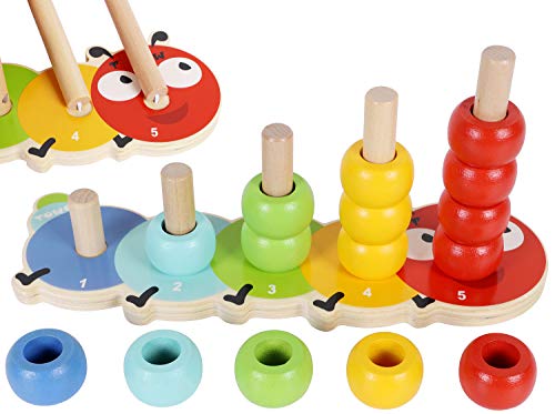 Toys of Wood Oxford Stapelturm Holz für Baby und Kleinkind - Schönes Caterpillar-Zählspiel Stapelringe Holz mit 15 Ringen-Puzzle Sortieren Holzspielzeug ab 1 Jahr Babygeschenk- Motorikspielzeug von Toys of Wood Oxford