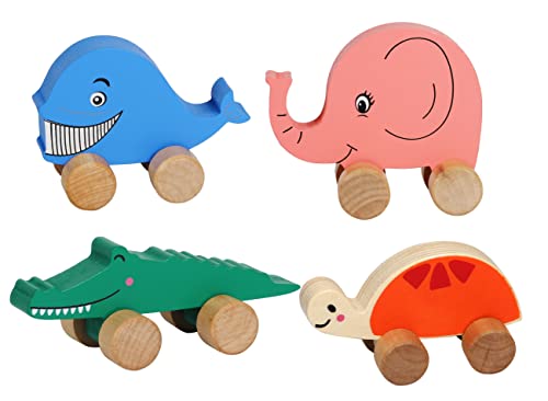 TOWO Holzautos für Kleinkinder – Tiere auf Rädern – Fahrzeuge, sensorisches Greifmotorik-Spielzeug – Push and Go First Trucks für Babys ab 12 Monaten von Toys of Wood Oxford