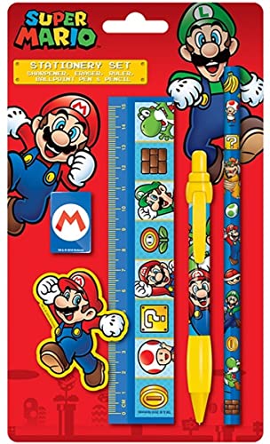 Super Mario Schreibwaren-Set (Color Block Design) Kugelschreiber, Bleistift, Radierer, Anspitzer, Lineal - Offizielles Lizenzprodukt von Toys & Gamers