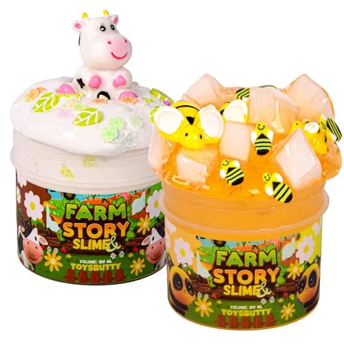 ToysButty 2 Schleim Set Klarer Slime Und Milchiger Schleim für Kinder, Vorgefertigt in Behältern, Erstellen Sie mit Bauernhofgeschichte Theme, 6 Zubehör Schleim selber Machen Set Jungen Mädchen Toys von ToysButty