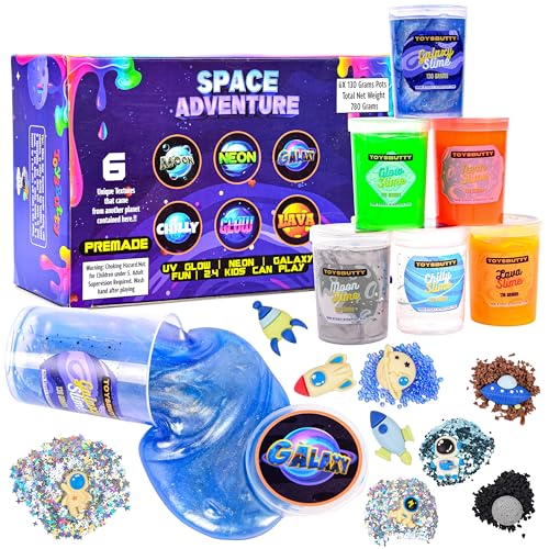 ToysButty Galaxy Schleim Kit, 6 Slime Selber Machen Set Toys, Glow in Dark Party, Neon Zubehör Slime Set für Mädchen Jungen, mit 15 Space Slime Charms, Geschenke Kosmos Experimente für Kinder von ToysButty