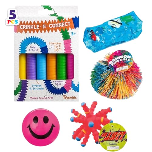 Toysmith Activity Pack Bundle – Leuchtender Happy Ball, Atomball, Crinkle N Connect, Regenbogen-Pom-Ball und Sealife Wasserschlange – sensorisches und interaktives Spielen für Kinder – Geschenk für von Toysmith