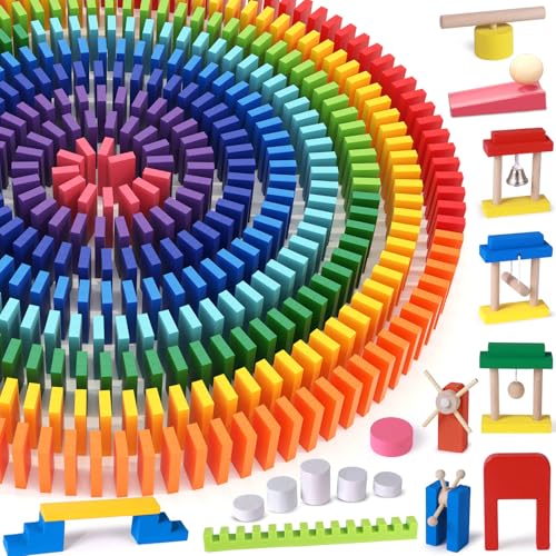 1000Stk Dominosteine Holz Bunte Domino Spiel mit Zusatzblöcke Anleitung Aufbewahrungstasche Bausätze Holzspielzeug Rennen Spiele Gebäude Blöcke Lernspielzeug Geschenk für Kinder Spielzeug ab 3+ Jahre von Toyssa