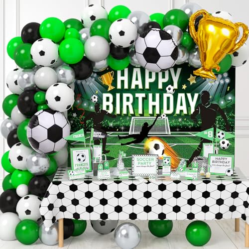 Toyssa 124PCS Fußball Deko Geburtstag Fußball Party Deko mit Fußball Hintergrund Tischdecke Ballon-Girlande Folienballons für Kinder Jungen Erwachsener Fussball Kindergeburtstag Party Dekoration von Toyssa