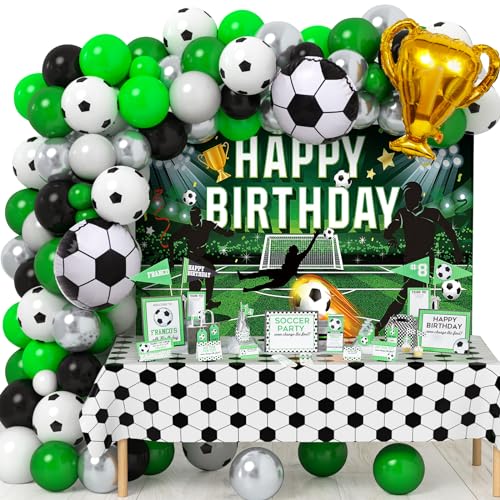 Toyssa 124PCS Fußball Deko Geburtstag Fußball Party Deko mit Fußball Hintergrund Tischdecke Ballon-Girlande Folienballons für Kinder Jungen Erwachsener Fussball Kindergeburtstag Party Dekoration von Toyssa