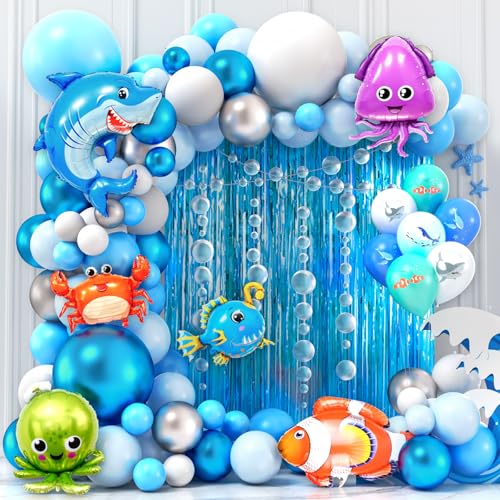 Toyssa Unterwasserwelt Geburtstagsdeko Meer Party Deko mit Luftballon Girlande Blau Fisch Folienballons Lametta Blaue Ozean Kindergeburtstag Dekoration Party Zubehör für Mädchen Jungen Kinder von Toyssa